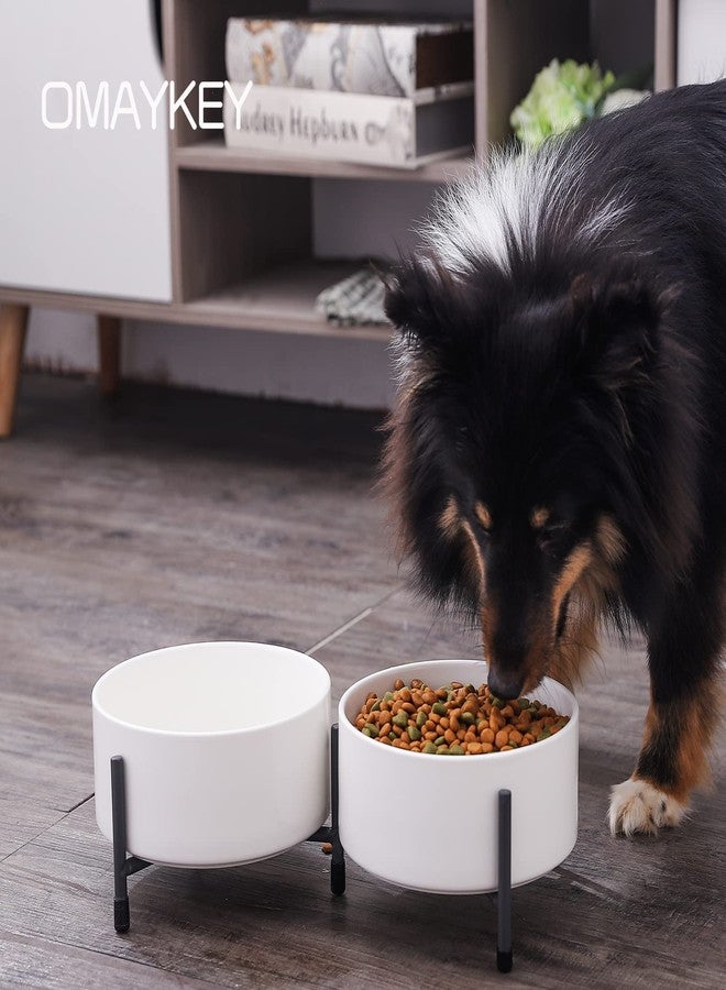OMAYKEY 32 oz Ceramic Dog Cat Bowl Set of 2 with Elevated Metal Stand - 6 Inch Ceramic Round Pet Food and Water Feeder Bowl Dish for Cats & Dogs - White - Image 5